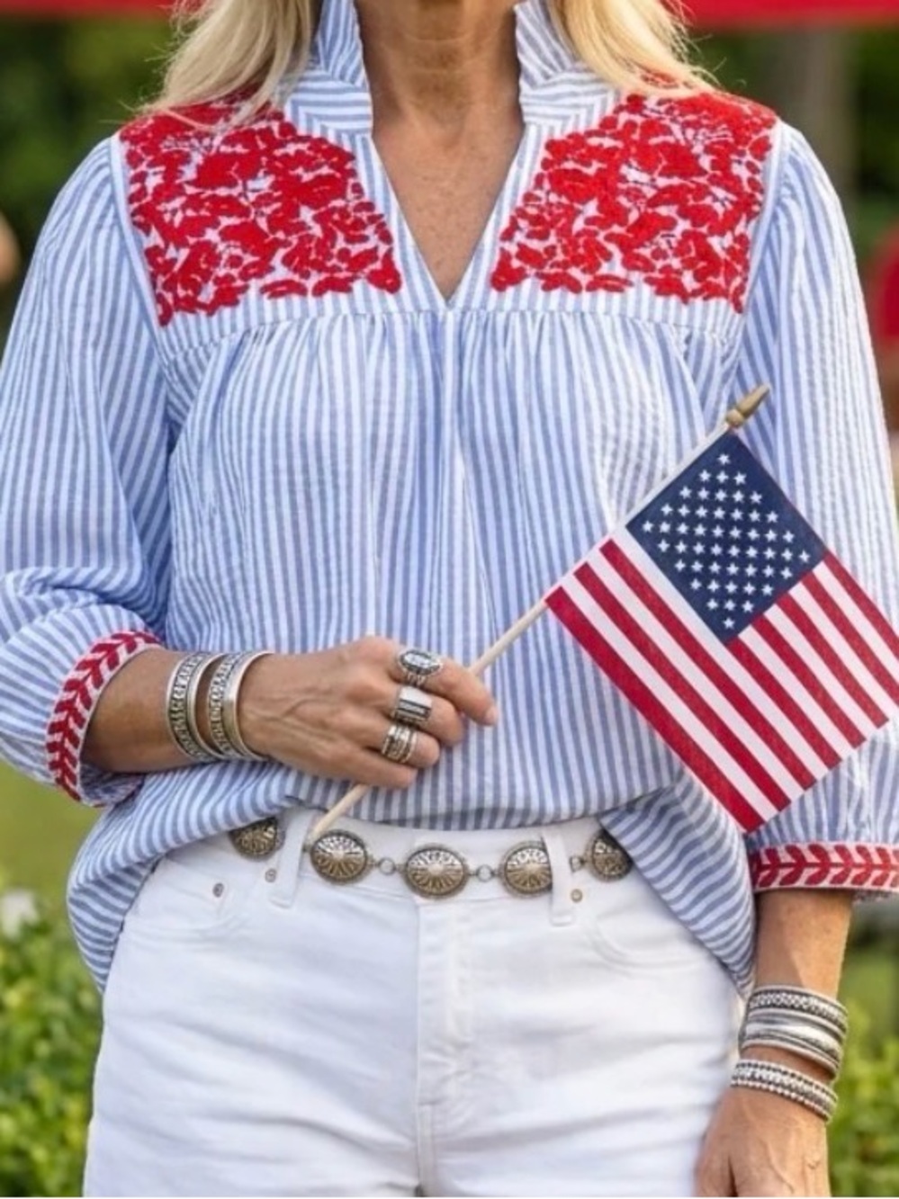 **NEW** SPIRIT DRESS FOURTH OF JULY TICKING TAILGATER BLOUSE size L NWOT